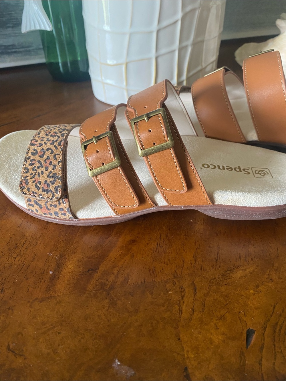 Spenco 7.5 Wide Women's Saddle/Cheetah Triple-Strap Buckle Slide Sandals